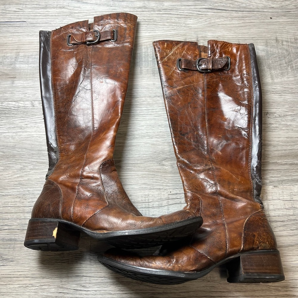 Unbranded Tall Riding Boots Womens Brown Distressed Leather Buckle Block Heel